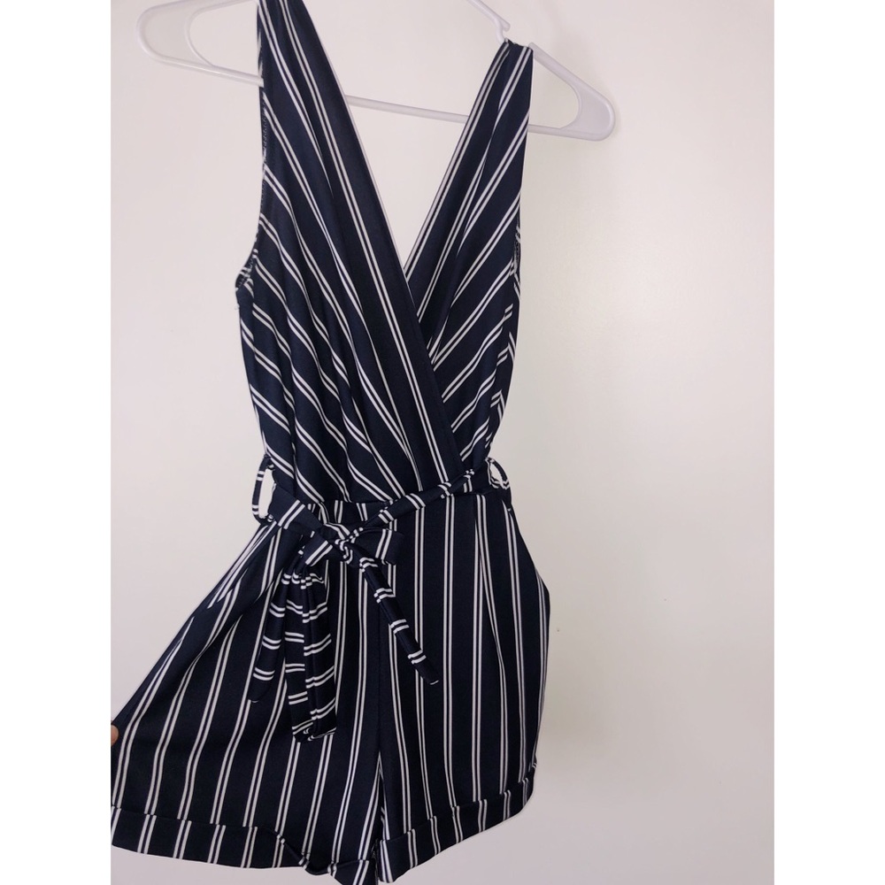 Navy Blue and White Striped  Romper
